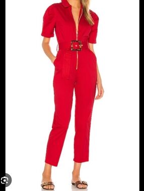 WeWoreWhat Red Short-Sleeve Zip-Front Belted Jumpsuit Sizr Medium